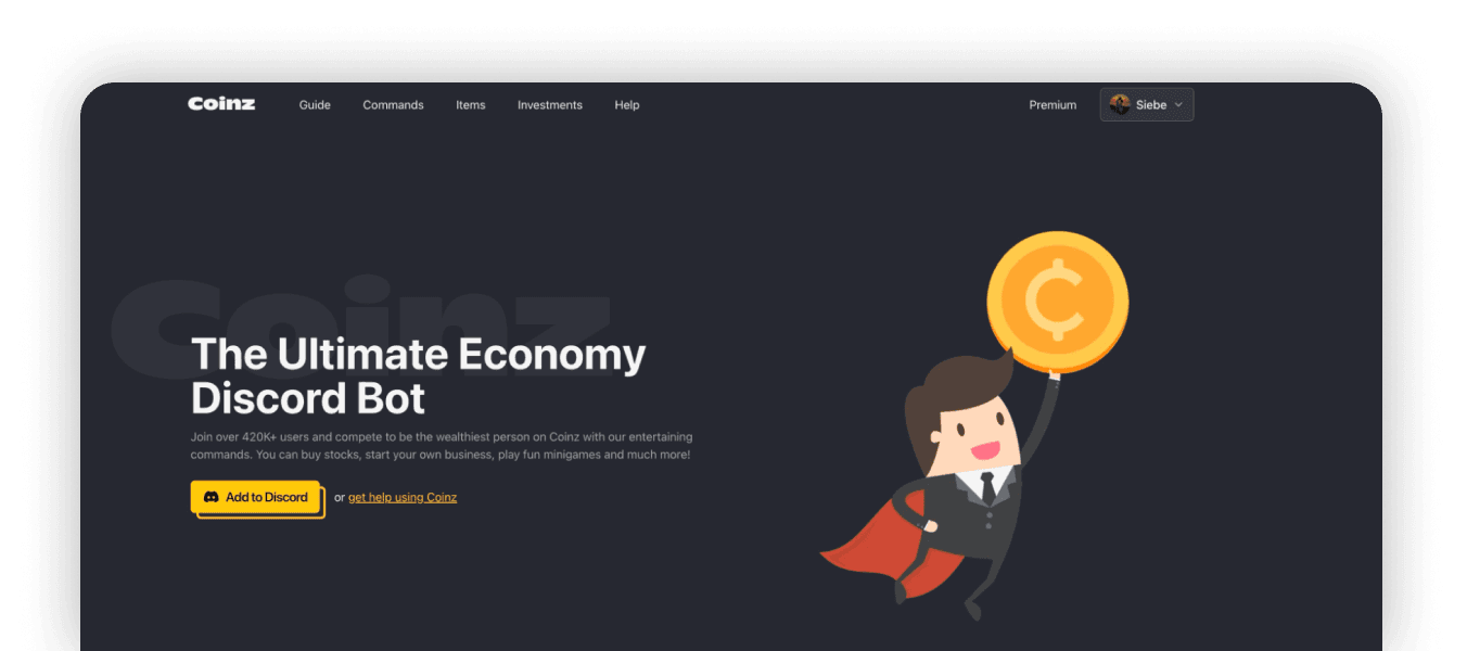 Screenshot of the homepage of Coinz